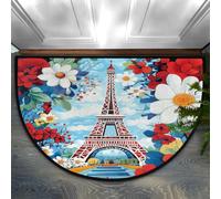 Ethebre Paillasson demi-rond Paris Tour Eiffel Fleurs | Tapis d'entrée d'intérieur absorbant et antidérapant en demi-lune pour porte d'entrée, chambre à coucher, salle de bain