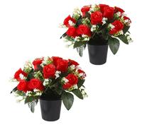 Etomvoop Lot de 2 fleurs artificielles en pot, 12 têtes de roses réalistes en soie, résistantes aux UV, fleurs funéraires avec pots noirs, fleurs de cimetière pour commémoration extérieure, tombe et