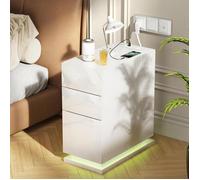étroite Table de Chevet 30cm Avec 3 tiroirs,lumières LED RVB,Table de Nuit en Bois,Table de Chevet avec Station de Charge Blanc