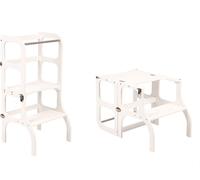 Ette Tete Step'n'Sit Tour d'apprentissage pliable en bois blanc | Aides de cuisine Montessori pour enfants | Chaise d'apprentissage 2 en 1 avec table