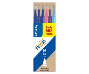 Etuis de 6 recharges Frixion Ball/Clicker. Coloris : 3 bleues, 1 turquoise, 1 rose, 1 violet.