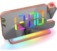 Euakee Réveil Numérique, Réveil avec Projection, Horloge Miroir LED 7.4", Veilleuse 10 Couleurs, Projecteur Rotatif 180°, Chargeur USB-C, Réveil Projection pour Enfants Chambre Filles Garçons(Or Rose)
