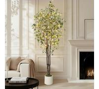 Eucalyptus artificiel - Plante en pot avec LED - Bonsaï au sol pour l'extérieur - Feuilles en polyester - Taille L - Pot de fleurs blanc laiteux