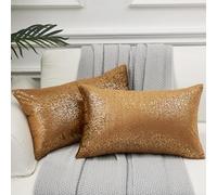 EUCIOR Lot de 2 coussins décoratifs en velours marron avec impression de feuille dorée, 30,5 x 50,8 cm, luxe moderne, motif paillettes métalliques, parfaits pour décoration d'intérieur, salon, chambre