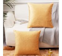 EUCIOR - Lot de 2 housses de coussin dorées, 45,72 x 45,72 cm, décoratives des deux côtés avec motif de feuille dorée brillante, velours doux avec fermeture éclair
