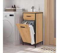 EUGAD Armoire de Salle de Bain, Meuble d’appoint avec 1 Tiroir, 1 Panier à Linge Basculant, Placard WC Étroit, en MDF Robuste, Cadre Métallique, Chêne Clair + Noir, 38x34x80 cm