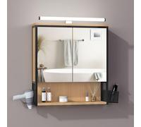 EUGAD Armoire Murale Salle de Bain avec Miroir et LED, Meuble Salle de Bain, Armoire de Toilette, avec Étagère Réglable, Support Sèche-Cheveux, Chêne +Noir