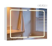 EUGAD Armoire Murale Salle de Bain, avec Miroir LED, Éclairage Tactile 3 Couleurs, Meuble WC Suspendu avec 3 Portes, Étagère Réglable, Crochets à Bijoux, Blanc, Moderne (80x14,5x60 cm)