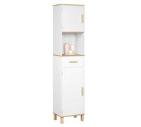 EUGAD Armoire Salle de Bain Haute sur Pied, Meuble de Rangement Colonne, Placard Blanc avec 4 Compartiments derrière 2 Portes, 1 Compartiment Ouvert et 1 Tiroir, MDF, 39x30x179cm
