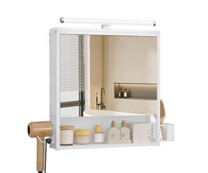 EUGAD Badezimmerschrank mit LED-Beleuchtung, Badezimmerschrank mit Spiegel, Badschrank hängend mit verstellbarer Ablage Halter Korb, Metall MDF, Weiß, 56x13,5x65 cm