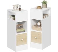 EUGAD Lot de 2 Tables de Chevet Étroite, Tables de Nuit avec 2 Compartiments Ouverts et 1 Tiroir, 25x30x66cm, Compact, pour Chambre à Coucher, en Aggloméré, Blanc et Chêne Clair, 0011CTG-2