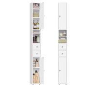 EUGAD Meuble Colonne de Salle de Bains, Armoire Rangement WC avec 2 Tiroirs, 2 Portes, Étagères Réglables et Compartiments Ouverts, Blanc, 20x20x180cm