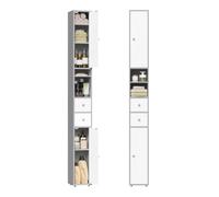 EUGAD Meuble Colonne de Salle de Bains, Armoire Rangement WC avec 2 Tiroirs, 2 Portes, Étagères Réglables et Compartiments Ouverts, Blanc + Gris, 20x20x180cm