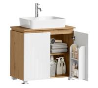 EUGAD Meuble sous Lavabo 70x40x65cm, Blanc+Chêne | Étagère réglable, découpe siphon 15x20cm, bois d'ingénierie résistant, rangement spacieux