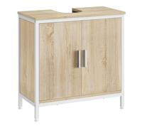 EUGAD Meuble sous Lavabo, Armoire sous Évier pour Salle de Bain, avec 2 Portes et Étagère Réglable en Hauteur en Panneaux Aggloméré, Pieds et Cadre en Métal, Blanc + Chêne Clair, 60x30x60cm