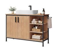 EUGAD Meuble sous-lavabo sur Pied, Chêne et Noir | 1 Placard à 2 Portes, 3 Compartiments Ouverts, 1 Trou pour Siphon de 20x15 cm, 1 Porte-serviettes