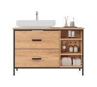 EUGAD Meuble sous-lavabo sur Pied, Chêne et Noir (90x30x60cm+Panneau Droit) | 1 Placard à 2 Portes, 3 Compartiments Ouverts, 1 Trou pour Siphon de 20x15 cm, 1 Porte-serviettes