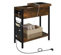 EUGAD Table d'appoint avec Prise, Bout de Canapé avec Station de Charge, Plateau Rabattable, Pochette de Rangement, 2 Ports USB+2 Prises, Marron Rustique, 0004CHJ