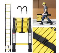 Eulenke Échelle télescopique 3,8 m avec 2 Crochets Amovibles, echelle Pliante en Aluminium, Portable et Antidérapante escabeau Charge jusqu'à 150 kg, Échelle Extensible, Noir et Jaune