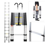 Eulenke Échelle télescopique 3,8 m avec 2 Crochets Amovibles, echelle Pliante en Aluminium, Portable et Antidérapante escabeau Charge jusqu'à 150 kg, Échelle Extensible Multi-usages Haute sécurité