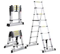 Eulenke Échelle Télescopique, escabeau telescopique 2+2,3m avec Barre stabilisatrice, echelle Pliante Cadre A 6+7 échelons en Aluminium, Charge maximale :150kg, echelle Multifonction Antidérapante
