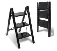 Eulenke Escabeau 3 marches, Pliant en Aluminium Pliable, échelle Pliante Portable, escabeau avec pédale antidérapante, marchepied ménager Pliable en échelle, escabeau léger jusqu'à 150 kg, Noir