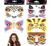 EUPSIIU 5 Pièces Autocollant Face Art, Animaux Autocollant Tatouage de Visage pour Adultes Enfants, Léopard Chat Papillons Girafe Tigre Tatouages Temporaires pour Halloween Animaux Déguisement (5PCS)