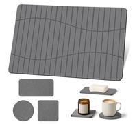 Euqvunn Ensemble de Tapis de Bain diatomite Tout-en-Un, Tapis de Bain Pierre à séchage Rapide 60x39cm, avec 2 sous-Verres et 1 Tapis Savon pour Salle de Bain, Cuisine, Table, Animaux, Gris