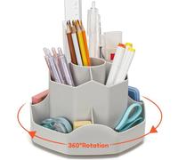 Euqvunn Organisateur de Bureau Rotatif, Pot a Crayon avec 9 Compartiments Indépendants, Rangement Bureau 360° Porte Stylo Bureau Gain de Place pour Enfants, Fournitures Scolaires Modernes(Gris)