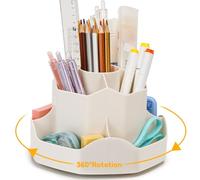 Euqvunn Organisateur de Bureau Rotatif, Pot a Crayon avec 9 Compartiments Indépendants, Rangement Bureau 360° Porte Stylo Bureau Gain de Place pour Enfants, Fournitures Scolaires Modernes(Beige)