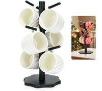 Euqvunn Porte-Gobelet à Café avec 6 Crochets, Arbre Porte-Gobelet, Porte-Tasses Bois Arbre Tasse à Café avec Base Épaissie, Support de Tasse Mug, Support à Bretzel, Arbre à Tasse Bois(Noir)