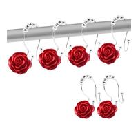 EURDFHY Crochet Rideau Crochets for Rideau de Douche à Double Glissement, 12 pièces, Anneau Crochet décoratif antirouille avec Fleur en résine for tringles Salle Bain(Red)