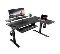 EUREKA ERGONOMIC Bureau Assis Debout Électrique 155x110cm Bureau d'angle en Forme L avec Plateau de Clavier Bureau Gaming Réglable en Hauteur avec LED Étagère de Moniteur