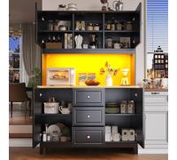 EURHCIO Buffet Haut de Cuisine,Armoire de Salon Moderne,Buffet Salle a Manger,Meuble de Rangemen avec étagères réglables et éclairage LED,4 Portes et 3 Tiroirs,120x40x180cm (Noir-A)