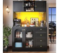 EURHCIO Buffet Haut de Cuisine,Buffet Salle a Manger,Armoire de Salon Moderne,Meuble de Rangemen avec Porte-gobelets et éclairage LED,4 Portes et 3 Tiroirs,120x40x188cm (Noir-D)