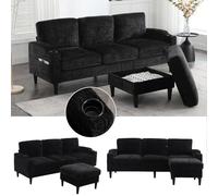 EURHCIO canape 3 Places avec Tabouret de Rangement,canapé d'angle modulable,Porte-gobelets et Poches latérales,Tissu Chenille,pour Salon Chambre ou Bureau (Noir-B)