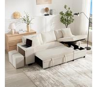 EURHCIO Canapé d'angle en L Convertible,3 Places,Canapé Lit Convertible avec Coffre de Rangement et 2 poufs,Port USB et Coussins,Design Pliant,Fauteuil Lounge pour Salon (Beige-Velours côtelé-E)