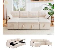 EURHCIO Canapé d'angle en U Convertible,4 Places,Canapé Lit Convertible avec 2 Coffres de Rangement et Porte-gobelets,Design Pliant,Fauteuil Lounge pour Salon (Beige-Coton Lin-D)