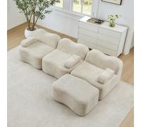 EURHCIO Canapé d'angle modulaire,Canapé 3 Places Salon en Velours,1 Pouf,Mousse Haute densité 32D,Coussins d'accoudoirs Amovibles,pour Salon,Bureau (Beige, 3places+1pouf)