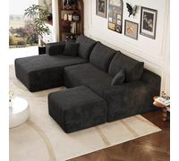 EURHCIO Canapé d'angle modulaire,Canapé 3 Places Salon en Velours Côtelé,avec 1 Pouf et Coussins,Aucun Montage requis,pour Salon,Appartement,Bureau,241x151x58cm (Noir, Gauche-L+1pouf)