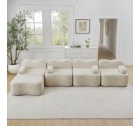 EURHCIO Canapé d'angle modulaire,Canapé 4 Places Salon en Velours,1 Pouf,Mousse Haute densité 32D,Coussins d'accoudoirs Amovibles,pour Salon,Bureau (Beige, 4places+1pouf)