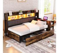EURHCIO Canapé Lit Une Place 90x200cm,Lit 1 Personne Rembourré avec Éclairage LED,Bureau Coulissant,2 Tiroirs,Prise,Étagère,pour Enfants Adolescents Adultes (Naturel)