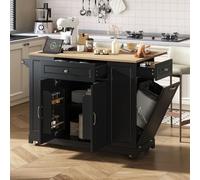 EURHCIO Desserte Cuisine 132×70x93cm,Îlot Central Cuisine,Buffet Salles a Manger avec Plan de Travail Pliable,Emplacement pour Poubelle,2 Tiroirs,2 Portiques,Étagères Ouvertes(I-Noir)