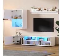 EURHCIO Ensemble Meuble TV Blanc Set of 3,Meuble Tele 175cm Longueur,étagères Verticales et étagères Murales avec Éclairage LED Réglable,Armoires,pour Télé de Jusqu'à 80 Pouces(B-Blanc)