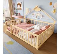 EURHCIO Lit Au Sol Enfant 140x190cm,Lit Cabane Enfant Montessori avec Design Cabine Distinctif,Porte,Barrières Hautes,Sommier à Lattes Solide,pour Enfants,Pin (A-Naturel, 140x190)
