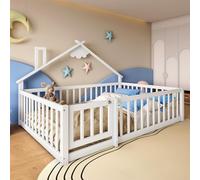 EURHCIO Lit Cabane Enfant 140x190cm,Lit Au Sol Montessori(A-Blanc,140x190) | Design Cabine Distinctif,Porte,Barrières Hautes,Sommier à Lattes Solide,pour Enfants,Pin