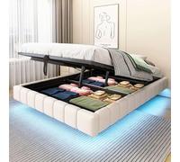 EURHCIO Lit Coffre 140x200cm Rembourré sans Tête de lit,Cadre de Lit 2 Personnes avec Effet Flottant,éclairage LED,Rangement Hydraulique,pour Adulte Adolescents (Beige, 140x200)
