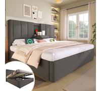 EURHCIO Lit Coffre 160x200cm,Lit Double avec Rangement,Tissu de Lin,Tête Capitonné,Sommier à Lattes,avec Porte-gobelets et Ports USB/Type-C dissimulés,sans Matelas (Gris, 160x200)