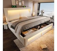 EURHCIO Lit Coffre 160x200cm,Lit Double avec Rangement,Tissu de Velours,Tête au Design incurvé,Sommier à Lattes,avec éclairage LED et Ports USB/Type-C,sans Matelas (Beige, 160x200)