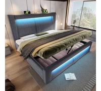 EURHCIO Lit Coffre 160x200cm,Lit Double avec Rangement,Tissu de Velours,Tête au Design incurvé,Sommier à Lattes,avec éclairage LED et Ports USB/Type-C,sans Matelas (Gris, 160x200)